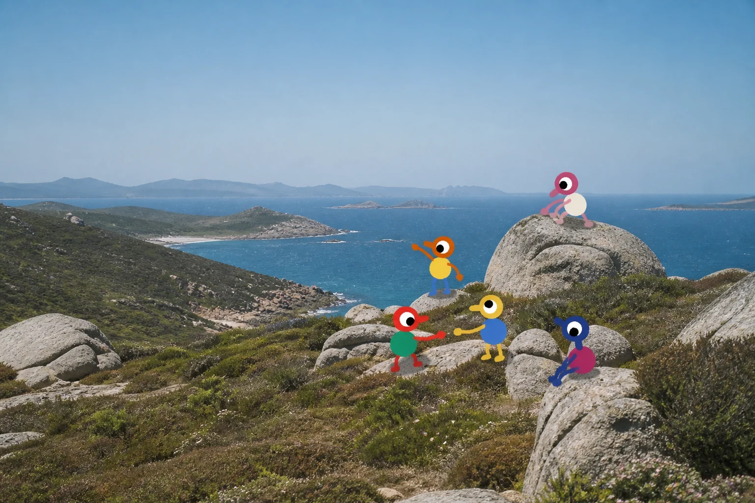 Big Walk walkers climbing coastal rocks above the bay