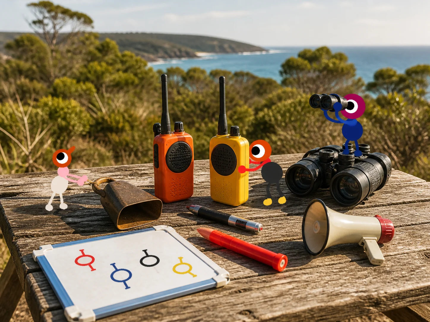 Big Walk gear laid out on a table: walkie-talkies, binoculars, megaphone and whiteboard